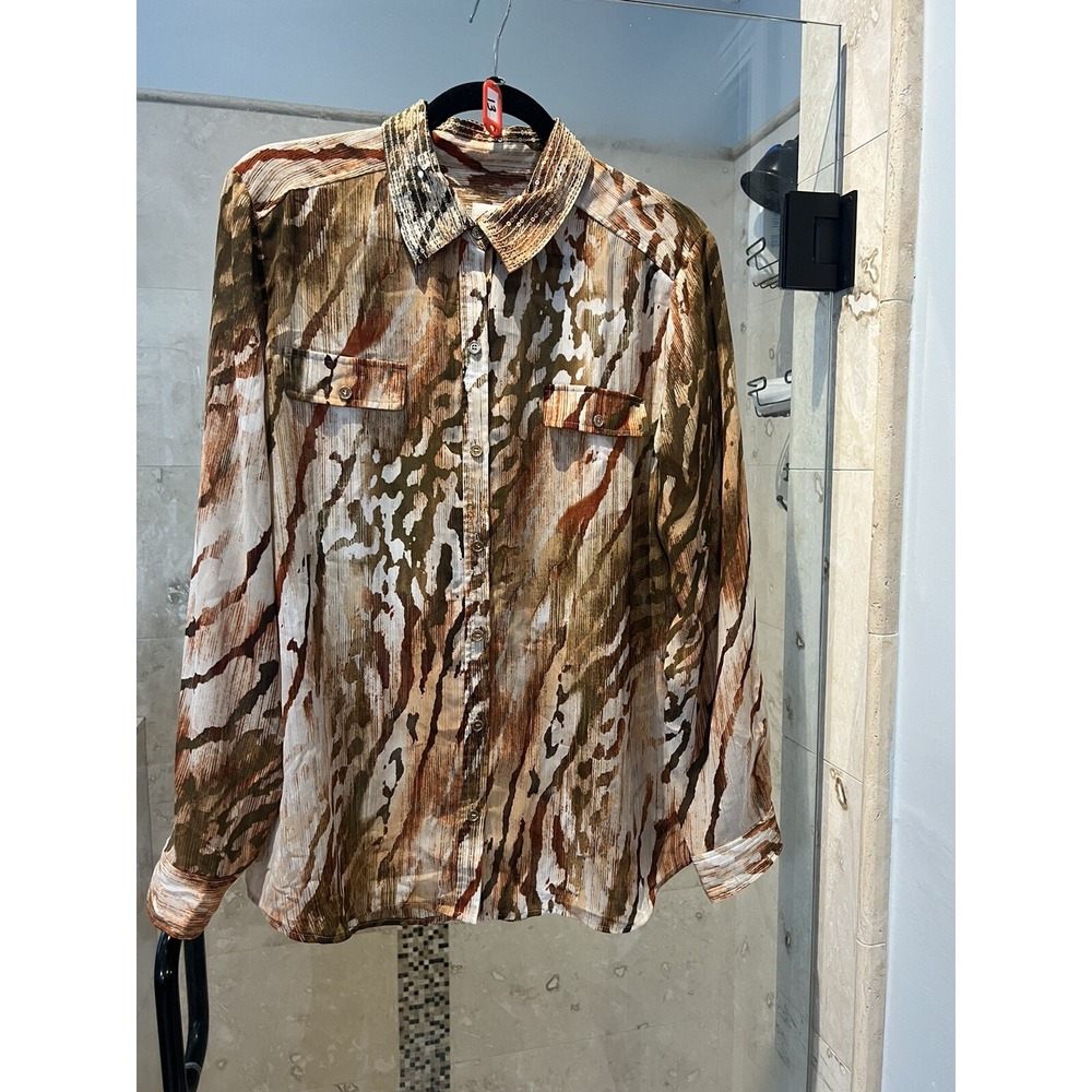CHICOS Blouse Womens 2 L/12 Chiffon Sequins Fall Orange White Long Sleeve Tunic